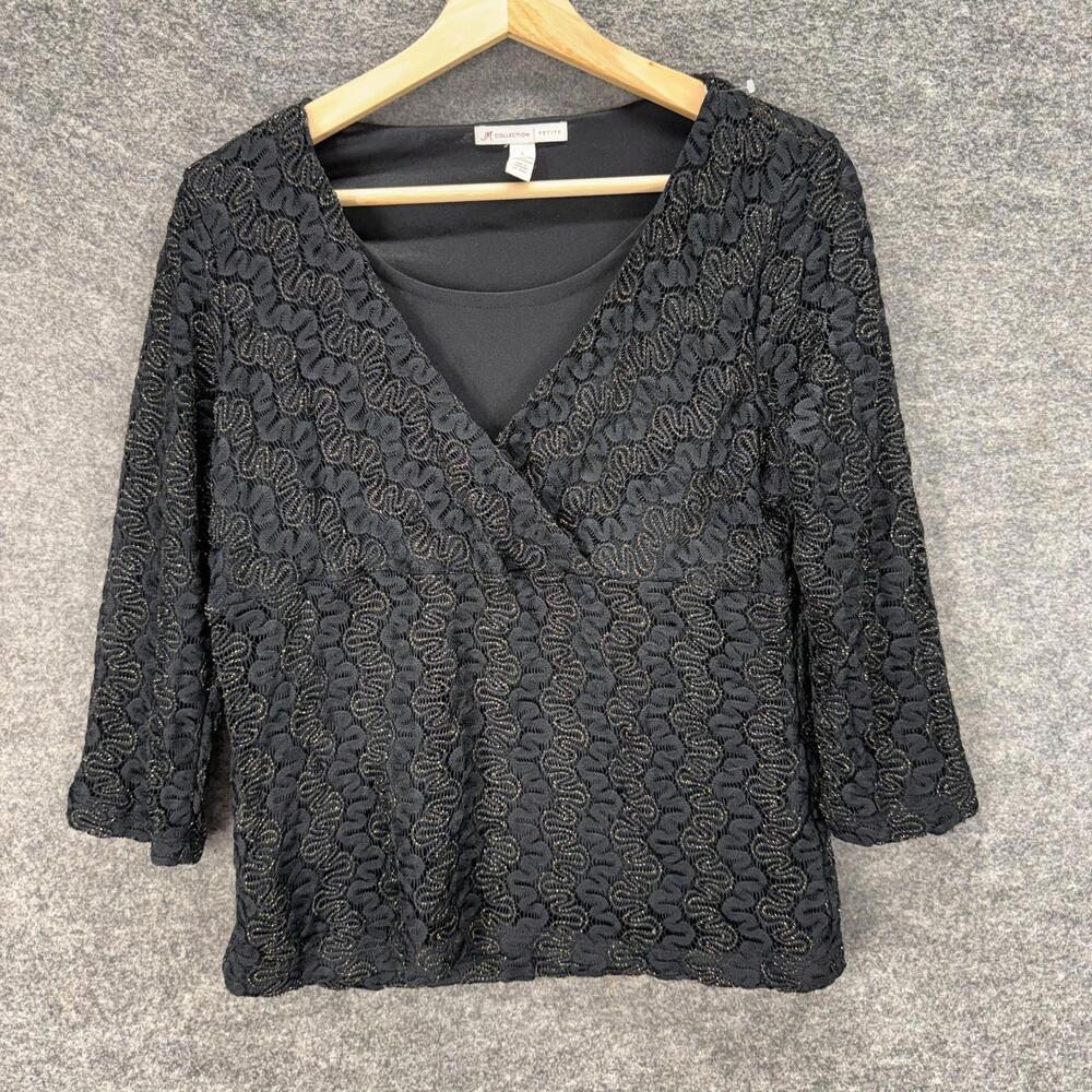 JM Collection Blouse Women PL Petite Black Striped Crochet 3/4 Sleeve Lined